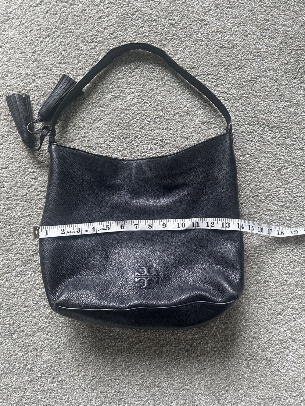 Authentic Tory Burch Black Pebbled Leather Shoulder Hobo with Tassel - Picture 7 of 10